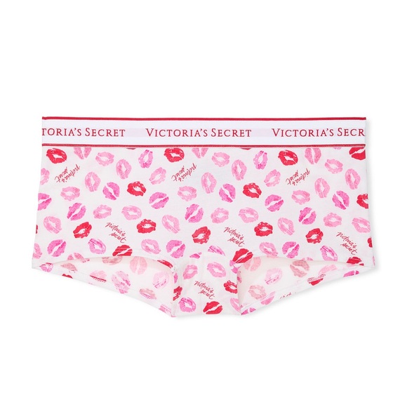 Victoria’s Secret Logo Cotton Boyshort Panty White Kisses Size Small - Picture 1 of 3